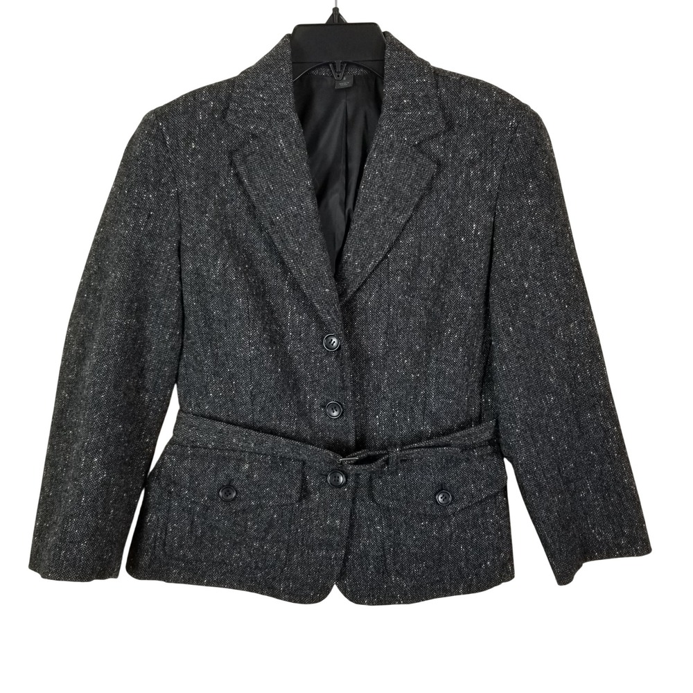 Express Design‎ Studio Womens Gray Wool Blend Tweed Belted Blazer Jacket Size 8